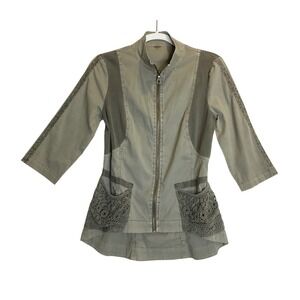 XCVI Army Green Full Zip Jacket Crochet‎ Pockets Ribbed Details Grunge S